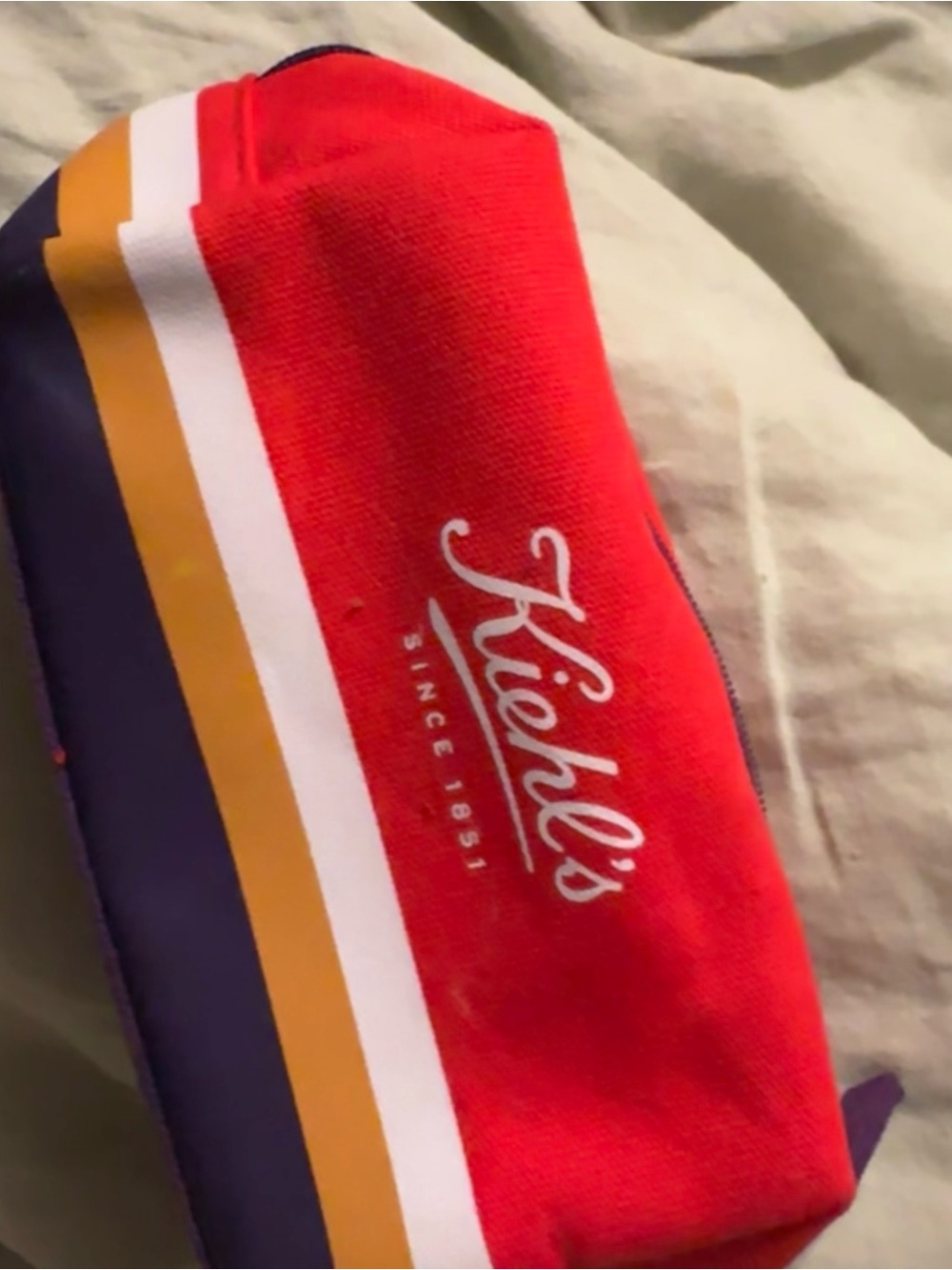 Kiehl's Red, Navy, White & Gold Striped Canvas Pouch